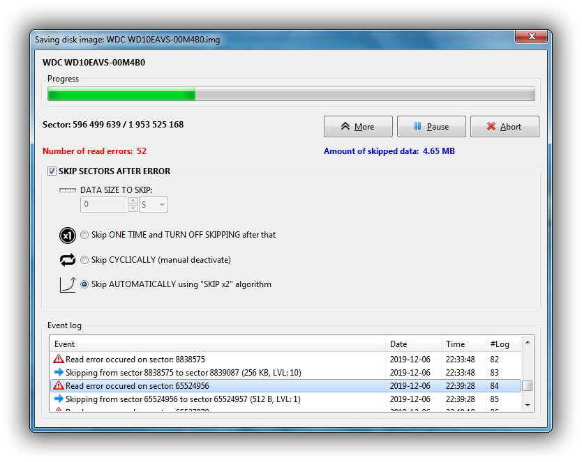 StrongRecovery - creating image of damged disk with skipping sectors - SKIP x2 algorithm